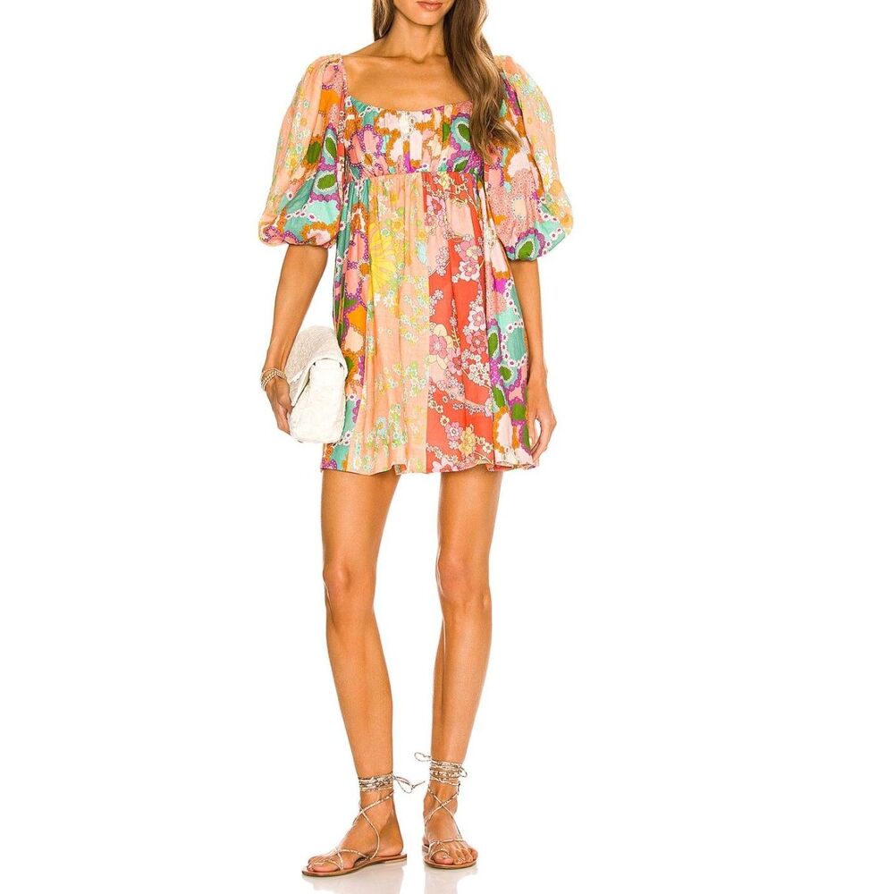 $750 ZIMMERMANN Lola Patchwork Floral Linen Mini Dress Puff Sleeve Size S